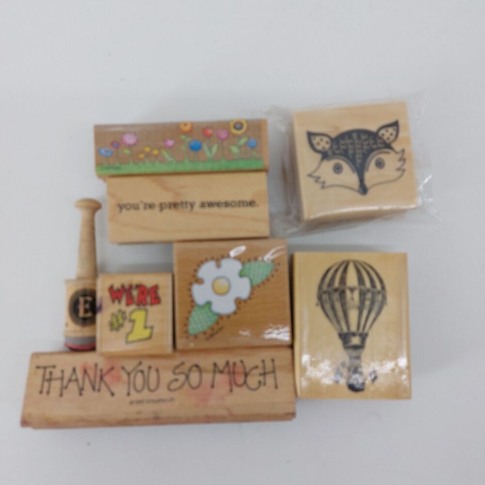 Wooden Rubber Craft Stamps Set of 8 Arts & Crafts Fox Flowers Hot Air Balloon